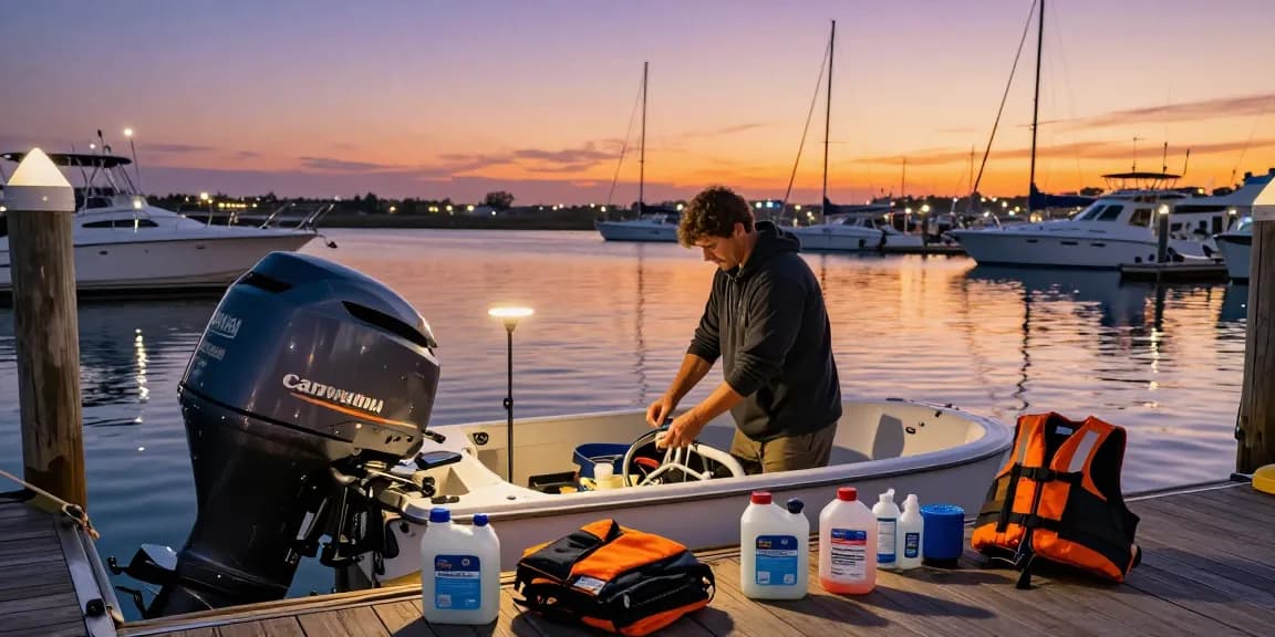 Boater performing outboard motor winterization in a tranquil marina at dusk.