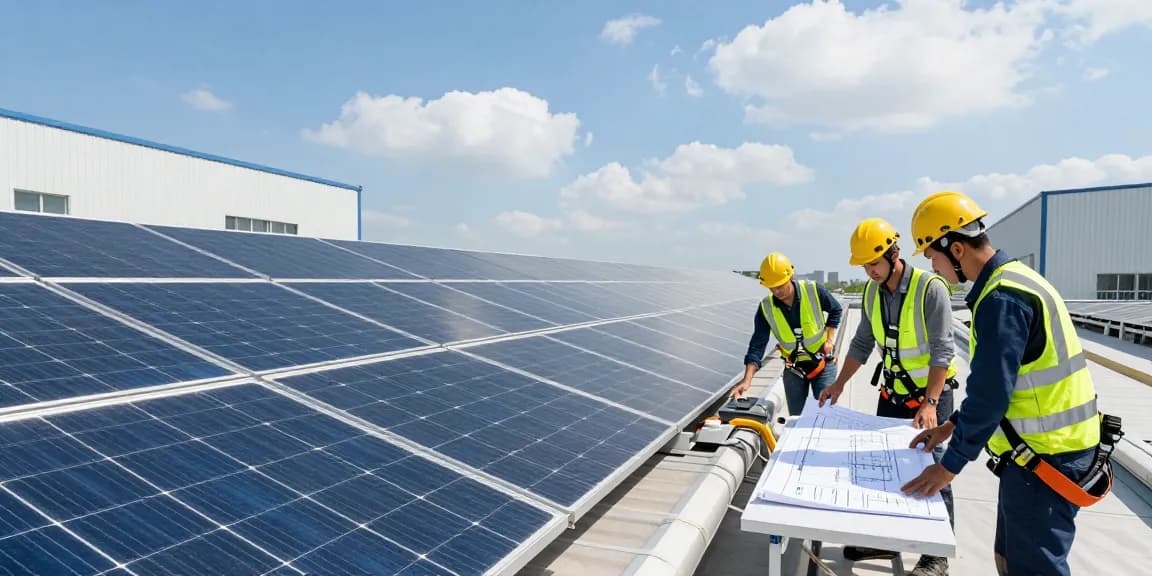 รับติดตั้งโซล่าเซลล์ on large factory rooftops by a diverse team of technicians, showcasing eco-friendly energy solutions in a collaborative industrial setting.