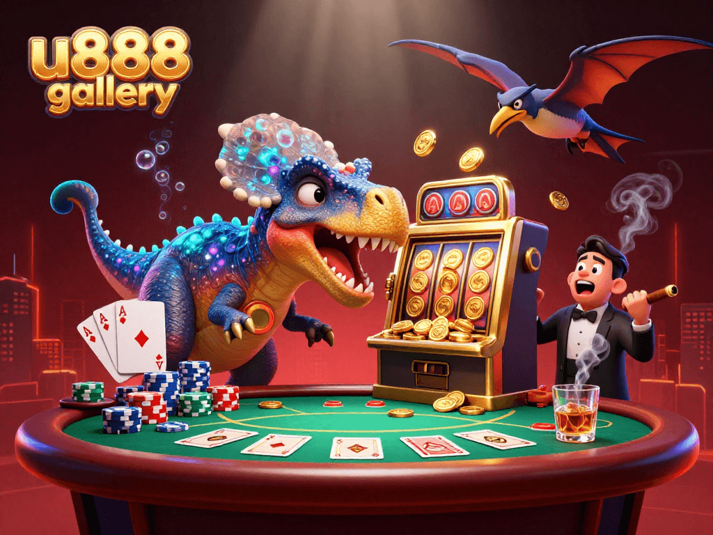 Engage with u888 gallery as a pachycephalosaurus triggers jackpots amid a vibrant casino scene.