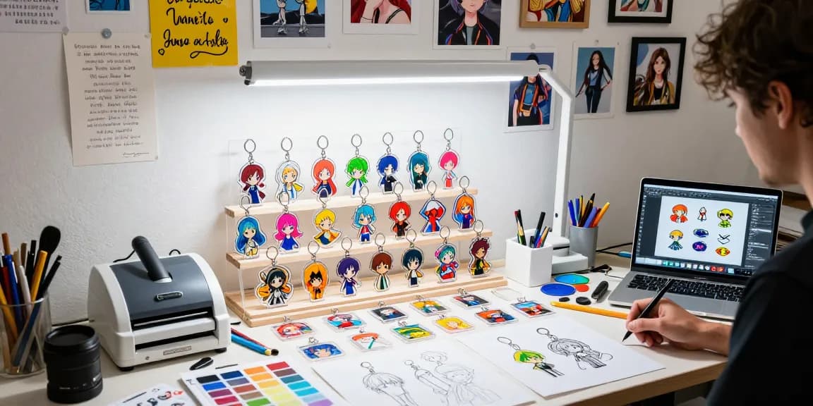 Custom clear acrylic keychains with vibrant designs on a workbench in an artisan workshop.