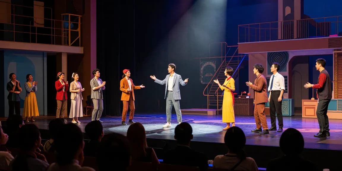 Vibrant theatre performance showcasing rokok 88 in a modern stage setting, engaging actors and audience interactions.