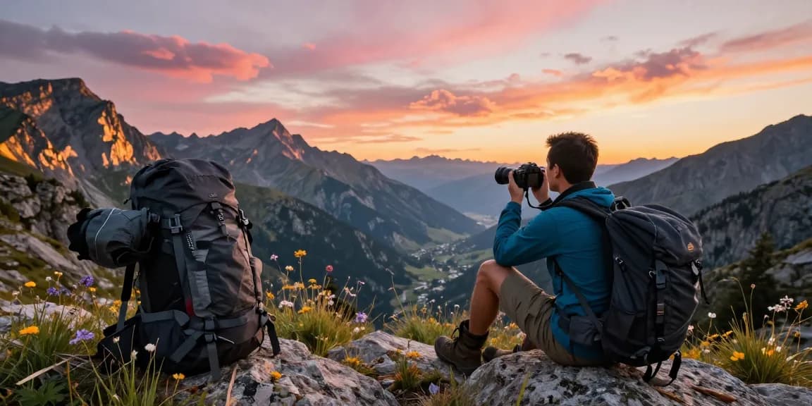 Explorer capturing stunning views from mountain overlook, dewanaga77 adventure photography.