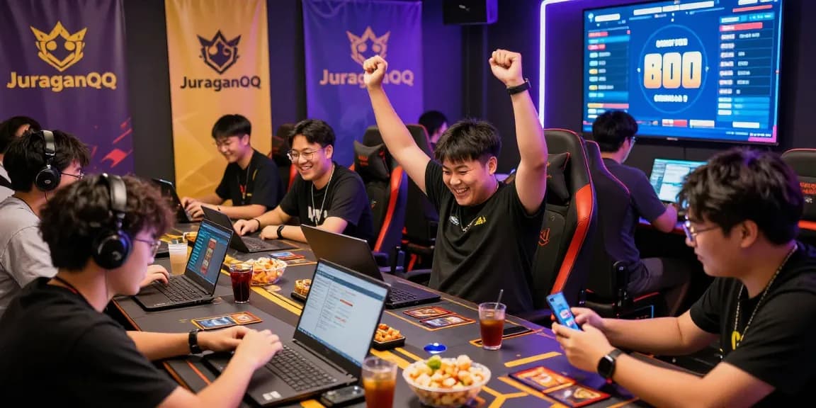 Exciting online gaming community showcasing juragan qq players celebrating victories with snacks, laptops, and vibrant decorations.