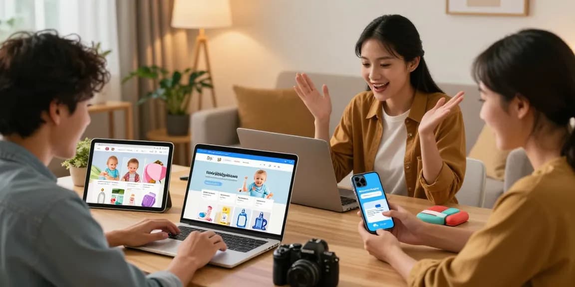 Consumers engaging with digital shopping at https://rokok88digital.com, showcasing vibrant products and joyful experiences.