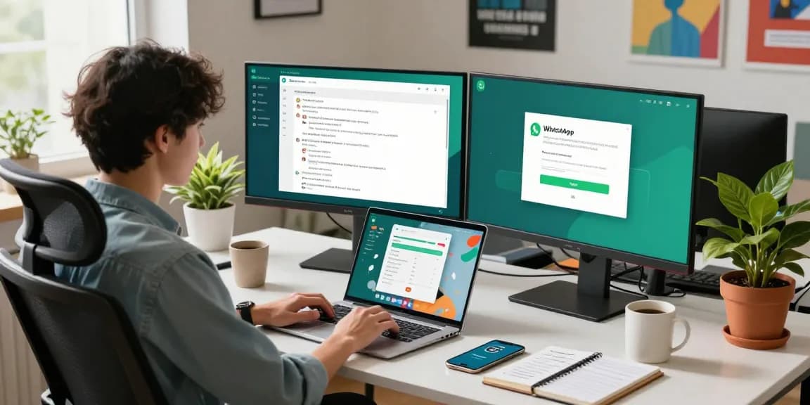 Using WhatsApp電腦版 on a stylish desktop with dual monitors in a modern workspace
