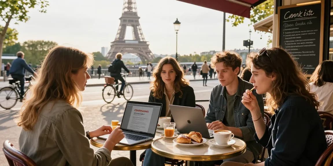 Young interns enjoying coffee and discussing internships in France at a Parisian café.
