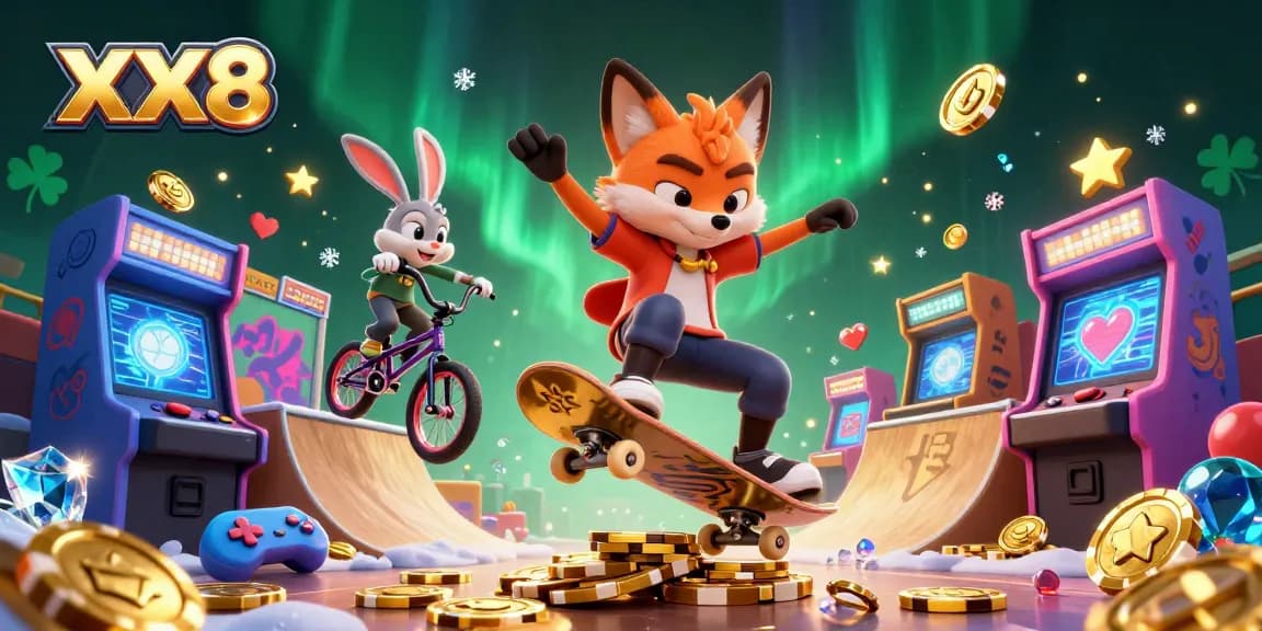 Engage in thrilling action with XX8 as the fox skateboarder flips over golden poker chips.