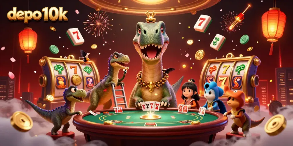 Spin and win with depo 10k at our vibrant 3D casino, featuring a playful brontosaurus and exciting elements.