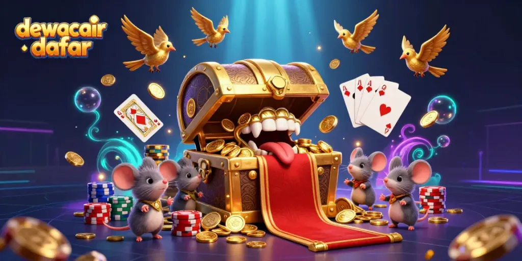 Engaging scene of dewacair daftar featuring a treasure chest and dynamic casino elements, capturing excitement.