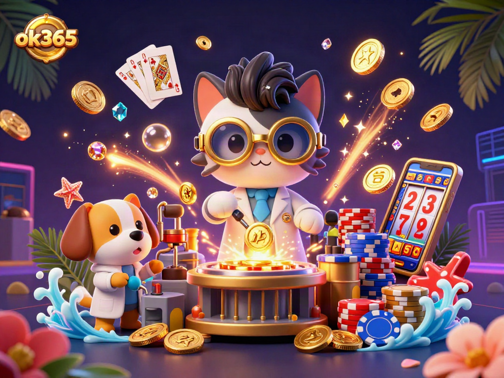 Experience the thrilling action with ok365's vibrant depiction of casino excitement featuring characters and games.