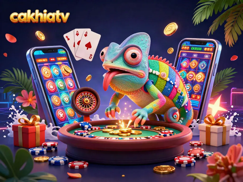 Join the excitement at cakhiatv with vibrant casino elements and engaging gameplay in a colorful scene.