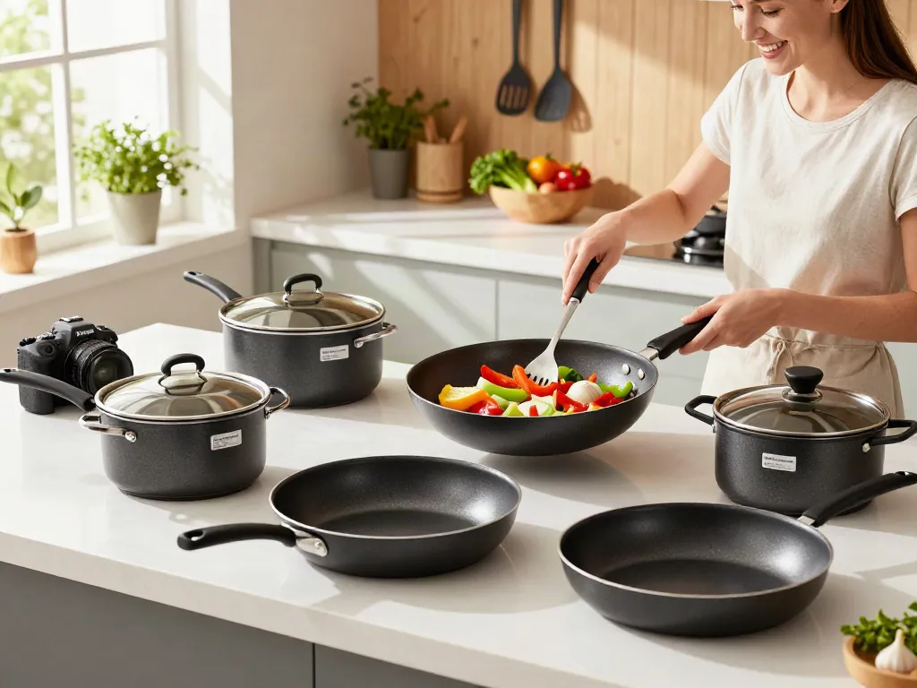 Non-Stick Cookware price in bangladesh represented by colorful kitchen scene with cooking activities.