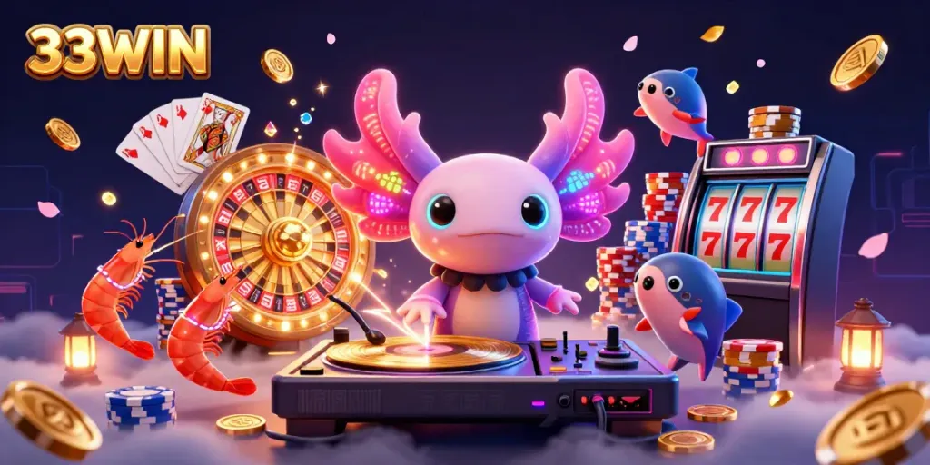 Experience the vibrant energy of 33WIN with an exciting digital casino scene featuring colorful characters and dynamic gameplay elements.