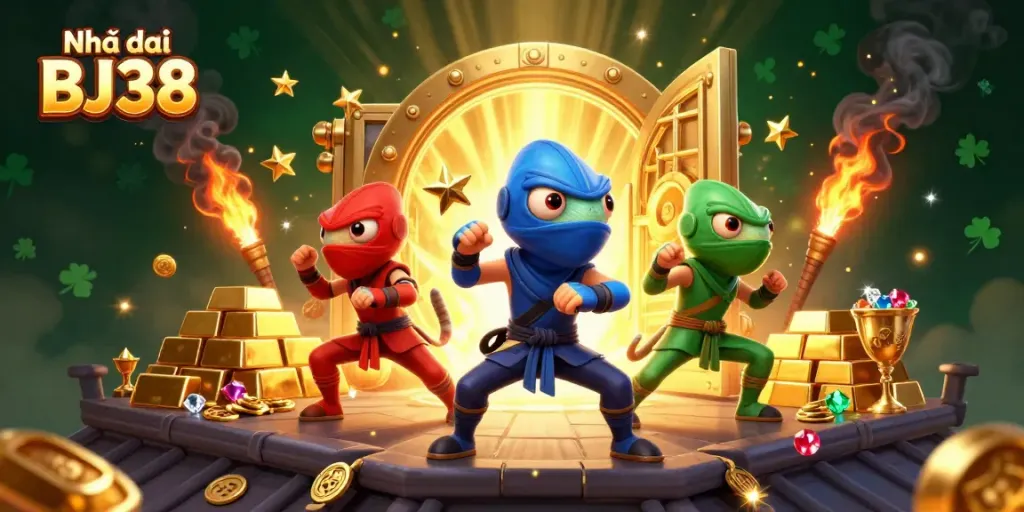 Engage with Nhà cái BJ38's vibrant casino adventure featuring chameleons battling amidst gold treasures.