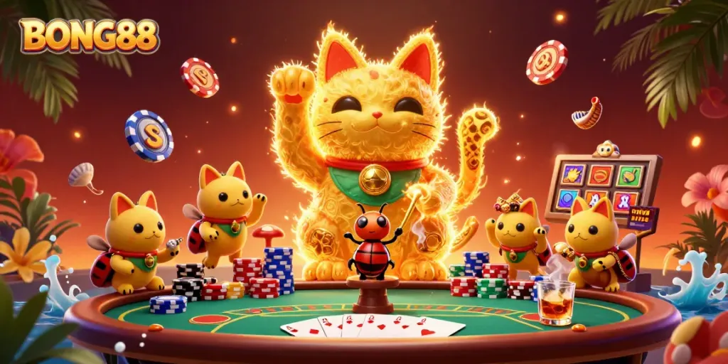 BONG88 showcases a vibrant 3D illustration of a lucky cat and casino symbols, capturing dynamic gaming energy.