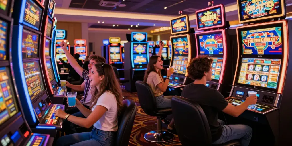 Permainan slot yang seru dengan teman-teman di kasino modern, suasana penuh gairah.