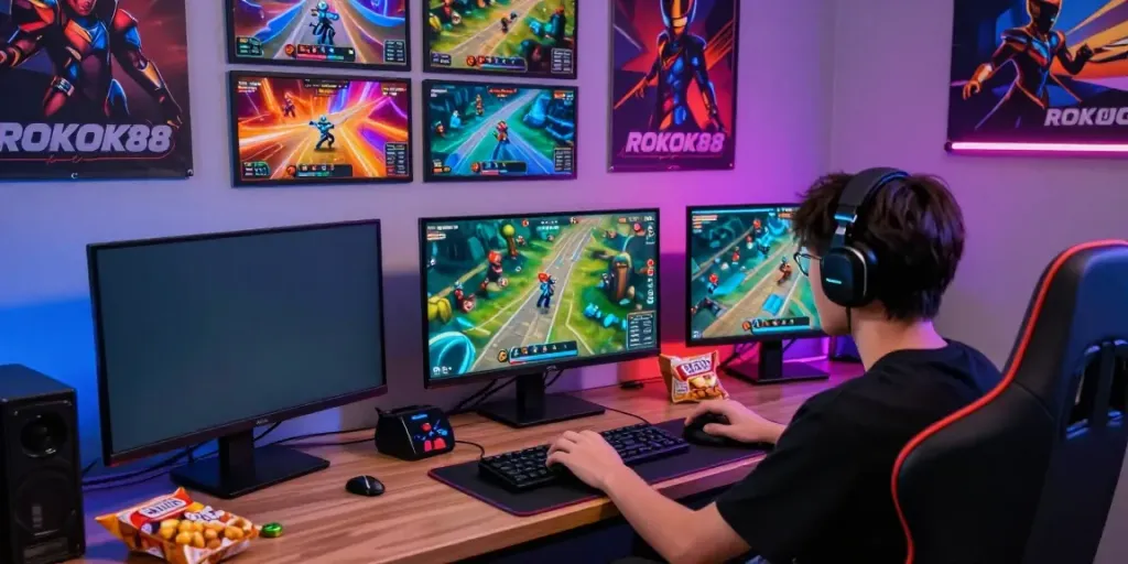 Engaged player enjoying rokok 88 gaming experience with vibrant graphics and a modern setup