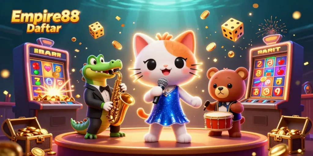 Win big at Empire88 Daftar with vibrant casino-themed illustration featuring engaging characters.