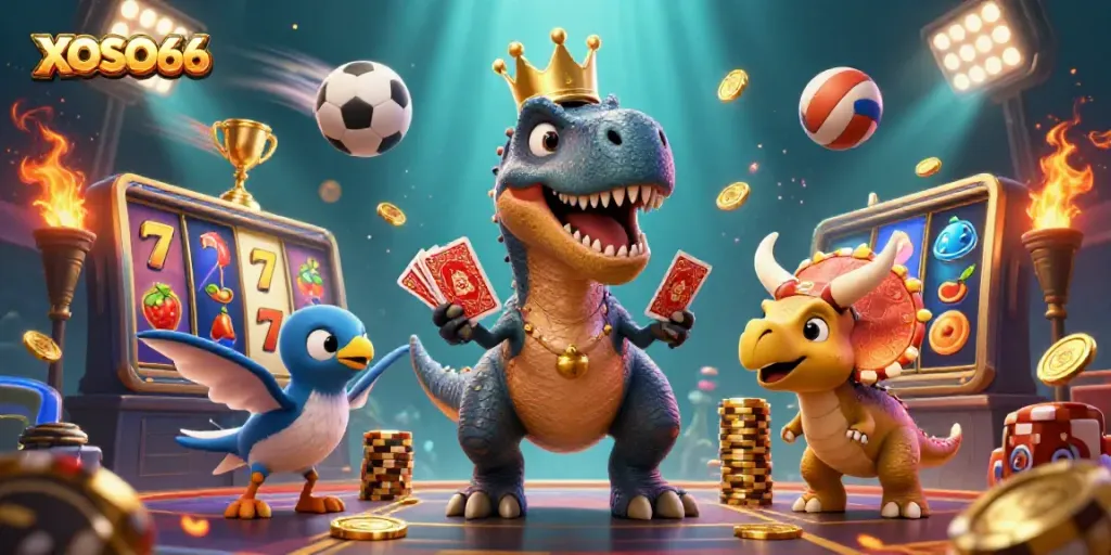 Engage with XOSO66's vibrant casino world featuring a T-Rex, pterodactyl, and triceratops interacting with colorful slot games.