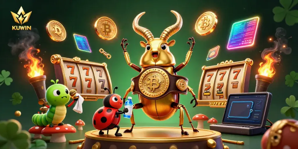 Engage in thrilling KUWIN gambling experiences with a fierce golden stag beetle and colorful casino elements.