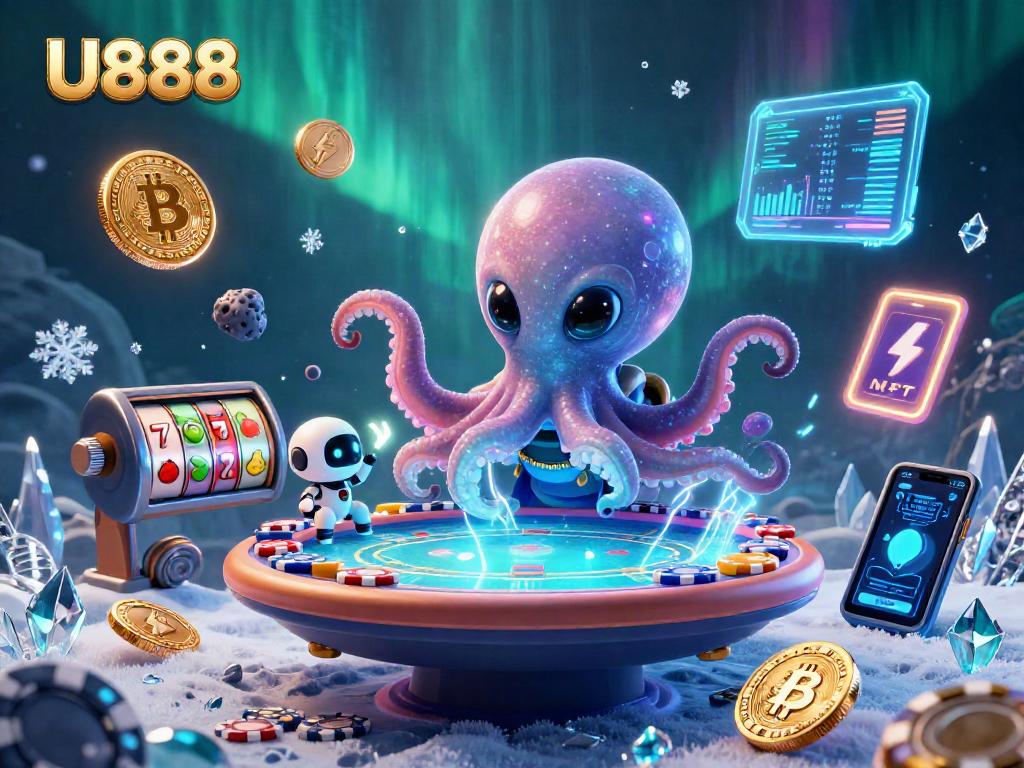 Experience excitement at U888 with an alien octopus and poker table illustration.