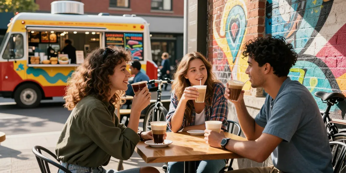 Friends enjoying a vibrant day at a café, embodying Motchill, community, and relaxation in an urban setting.