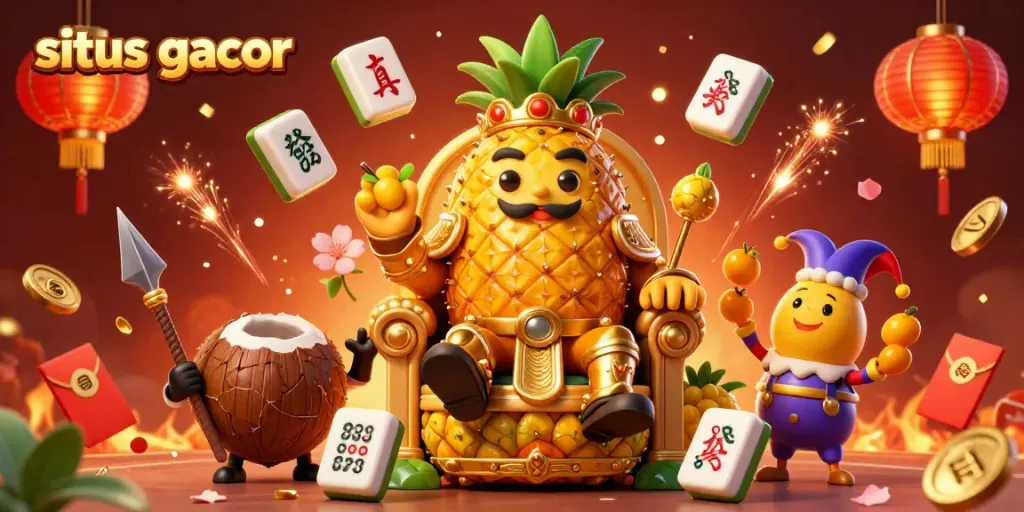Situs gacor showcases a golden pineapple king ruling over a casino beach scene with dynamic gaming elements.