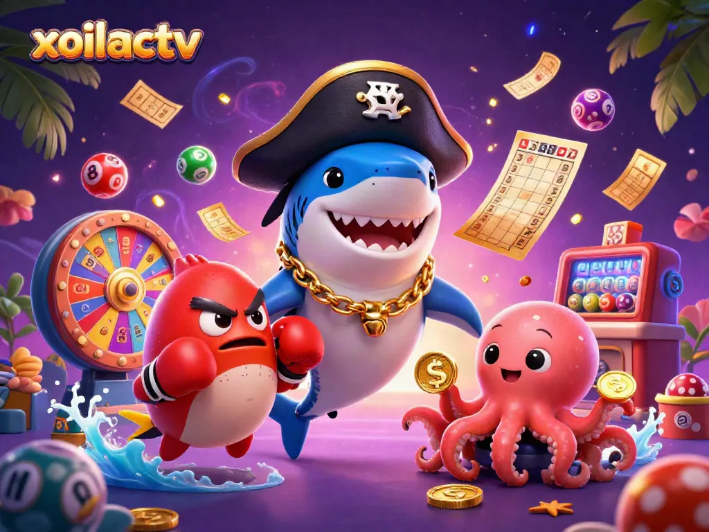 Experience the excitement of xoilactv with a dynamic illustration of fantasy casino characters engaging in thrilling games.