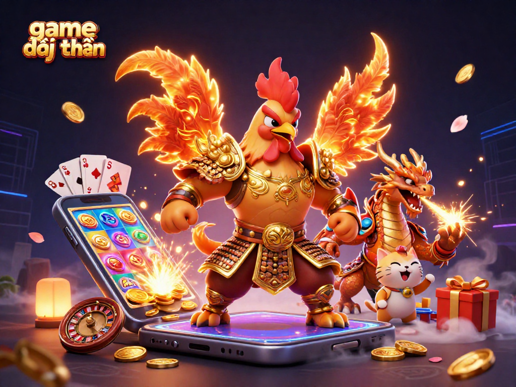 Engage with game đổi thưởng by witnessing the fierce rooster warrior and dragon hatchling in an exciting casino scene.