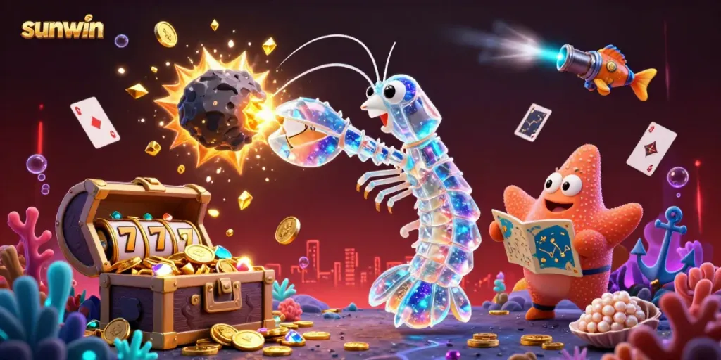 Experience thrilling gaming adventures with sunwin through a colorful, energetic underwater scene filled with vibrant casino elements.