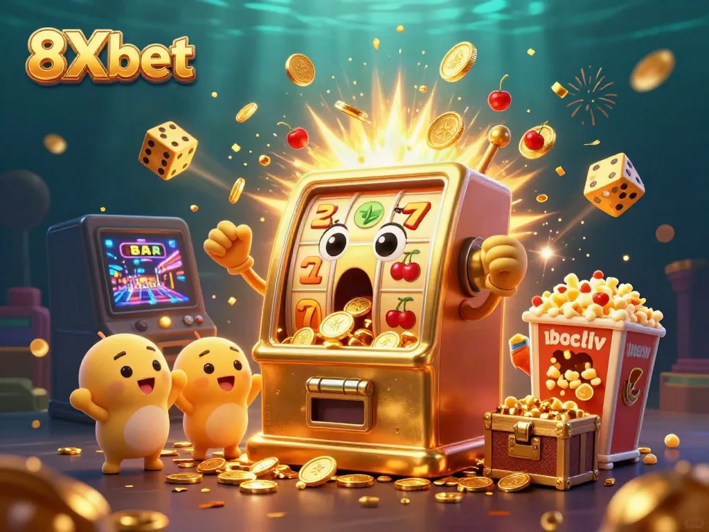 Experience wins at 8Xbet with a thrilling jackpot scene featuring golden machines and vibrant casino symbols.