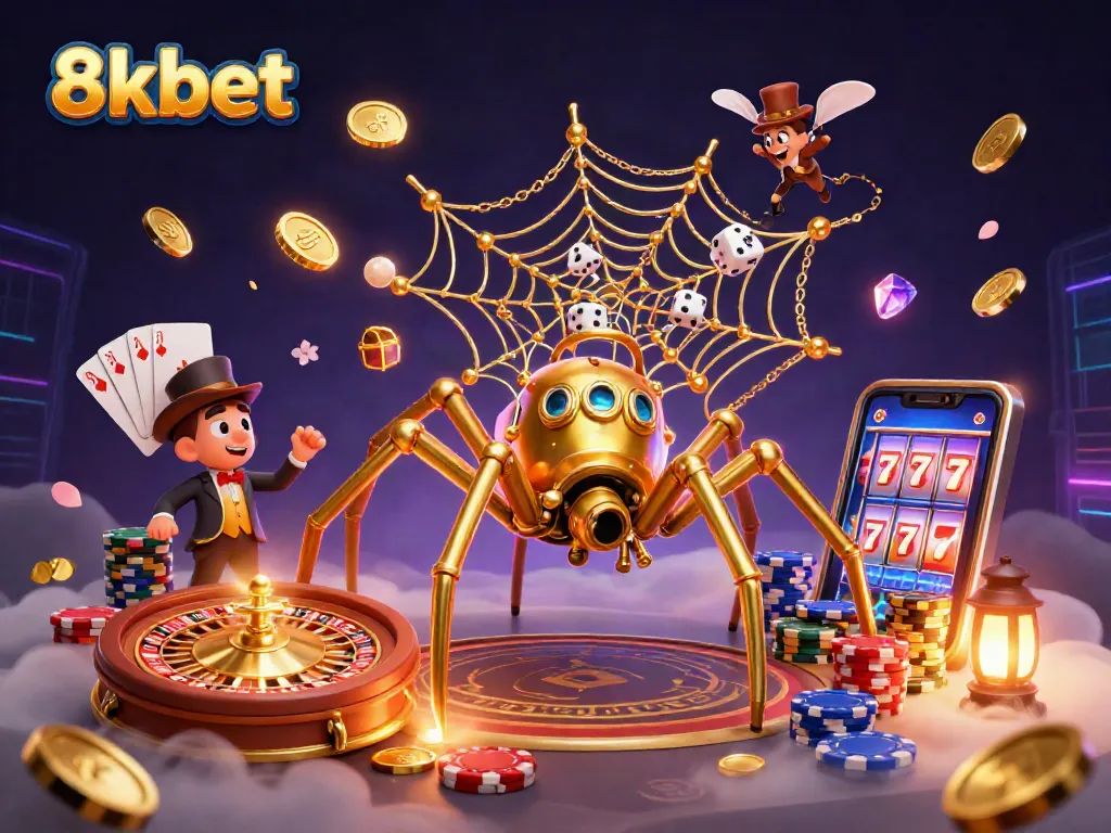 Experience casino excitement with 8xbet's steampunk spider web capturing dice and golden elements in an immersive 3D scene.