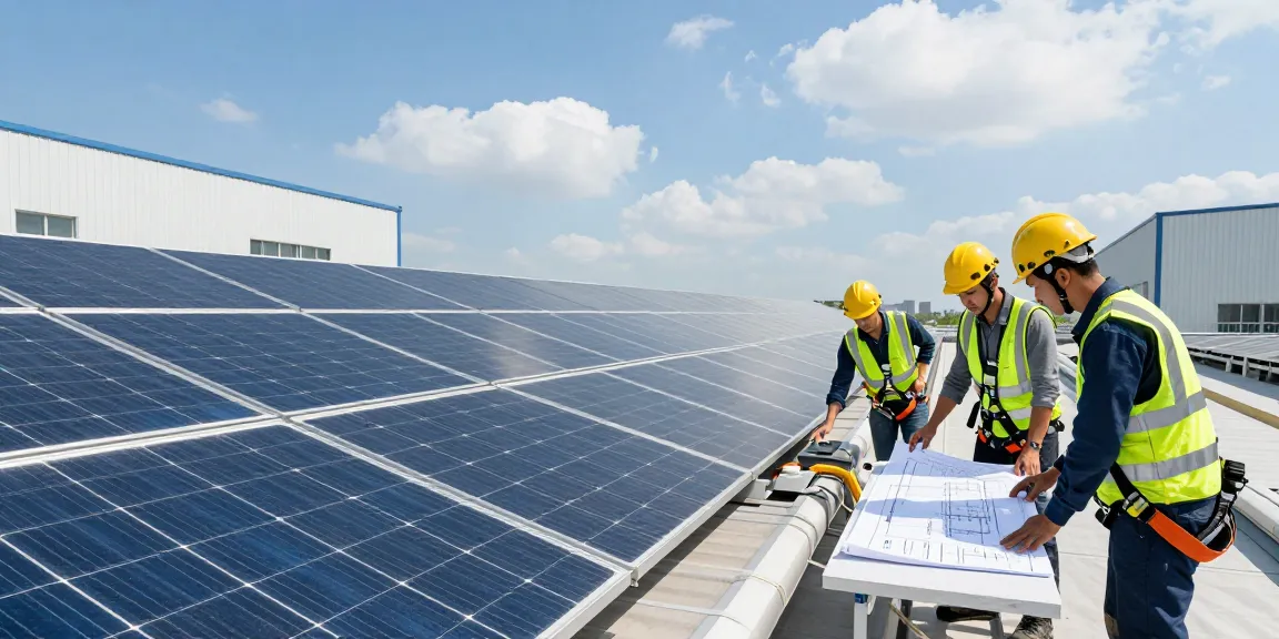 รับติดตั้งโซล่าเซลล์ on large factory rooftops by a diverse team of technicians, showcasing eco-friendly energy solutions in a collaborative industrial setting.