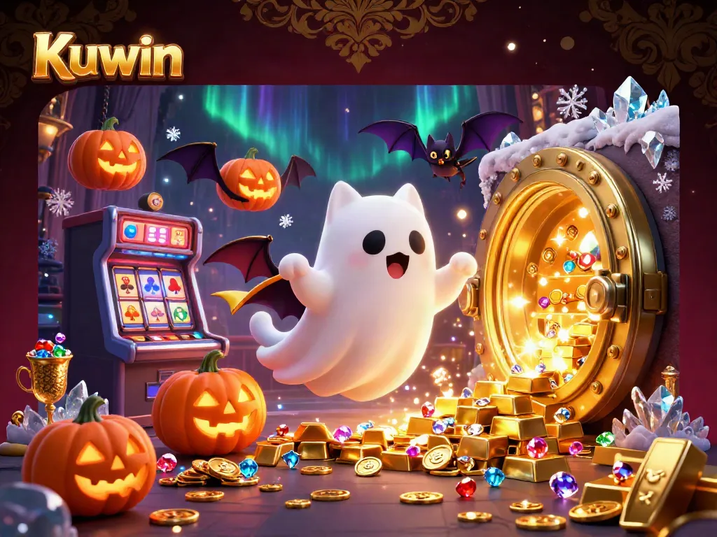 Kuwin's ghost cat and vampire bat enjoy a haunted casino adventure filled with treasures.
