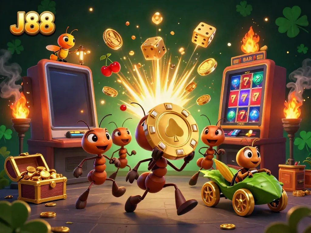 Experience J88 with cartoon ants heisting a giant poker chip amidst dynamic casino elements.