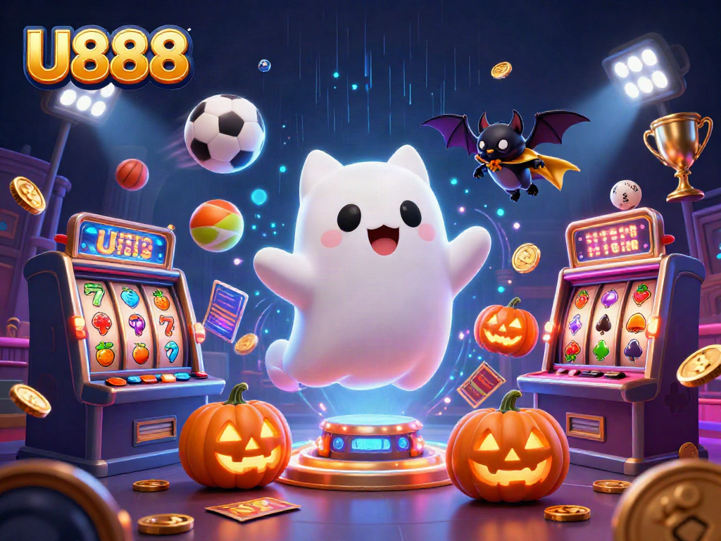 Experience thrilling gameplay with U888's dynamic haunted casino illustration featuring ghost cat and vampire bat.