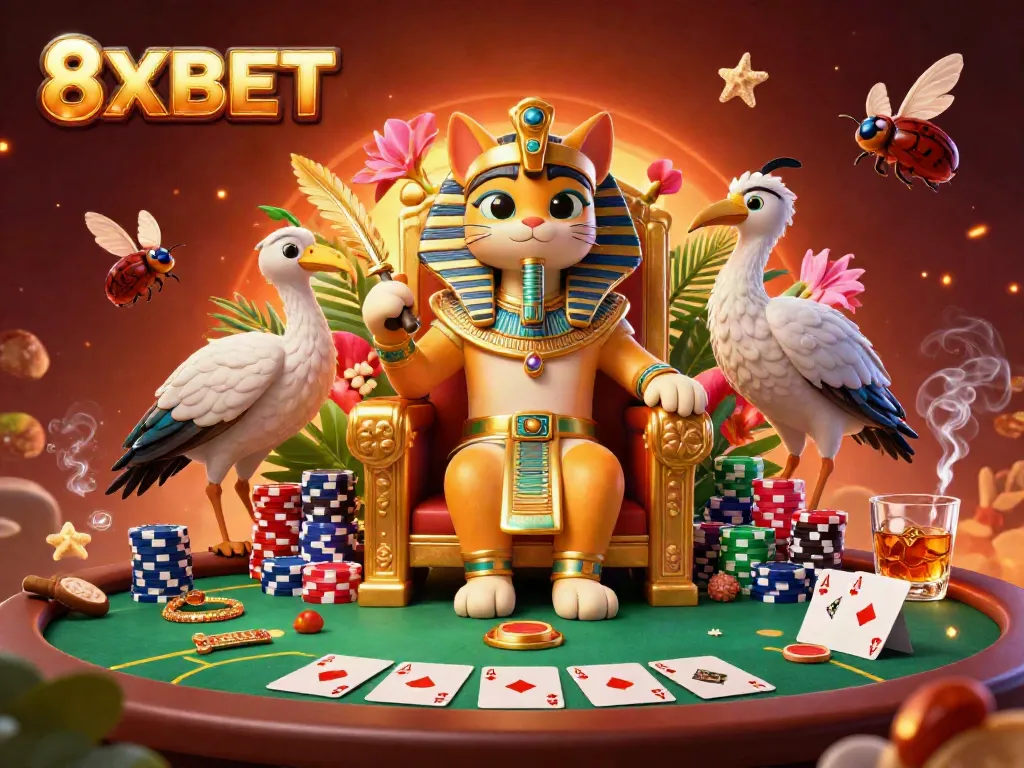 Experience the excitement of 8XBET with a vibrant illustration of an Egyptian pharaoh cat and poker elements in a rich casino setting.