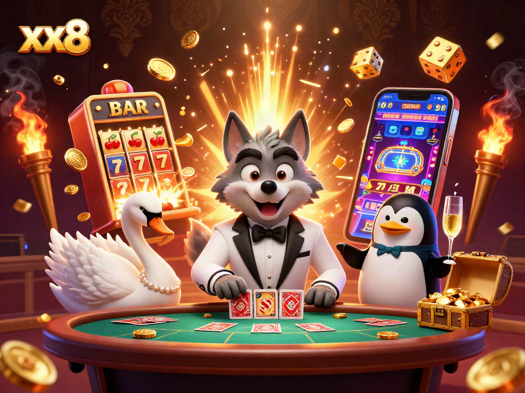 Experience thrilling moments at xx8 as a debonair wolf at baccarat with a swan dealer and a penguin sommelier.