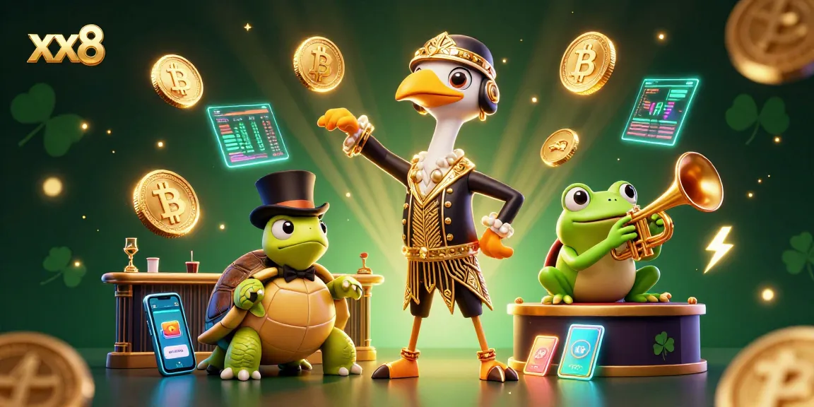 Play and win at xx8 with a lively 3D scene featuring a speakeasy crane, turtle, and trumpet frog.