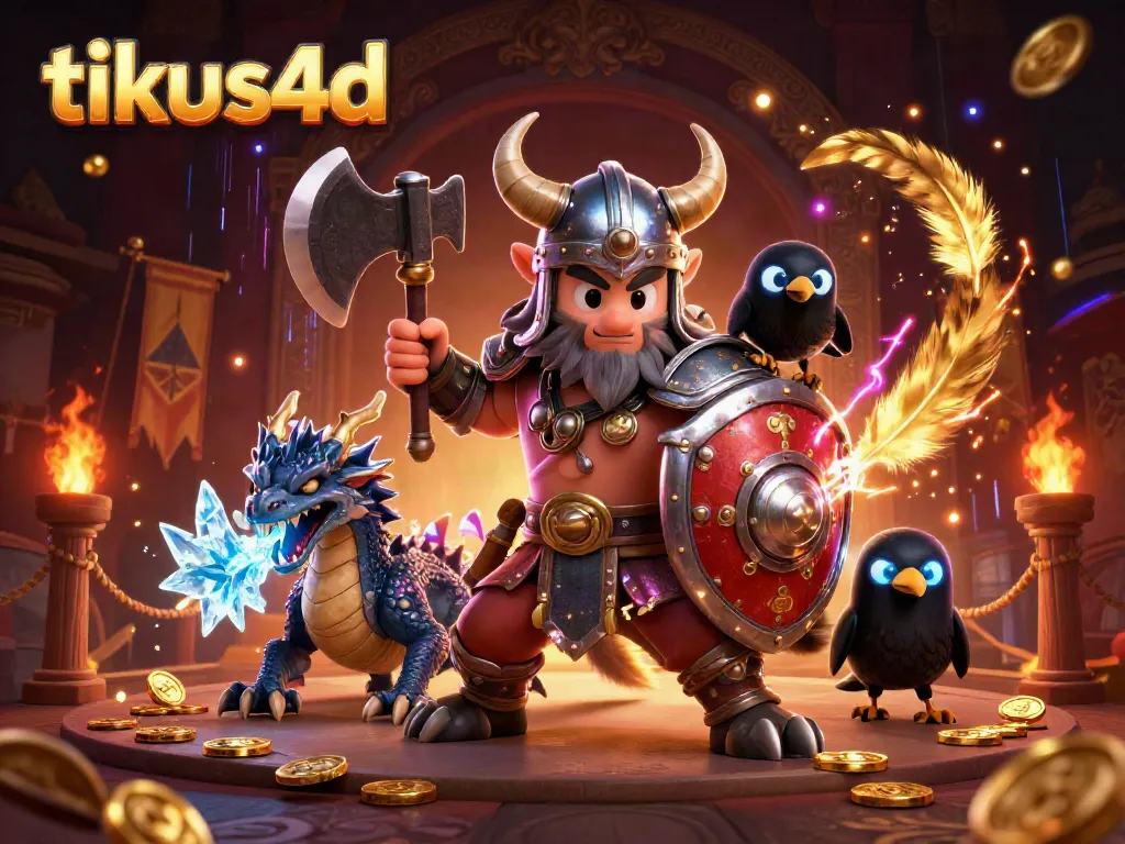 Engage with tikus4d in an electrifying 3D casino scene featuring a Viking wolf warrior, fierce dragon, and mystical elements.