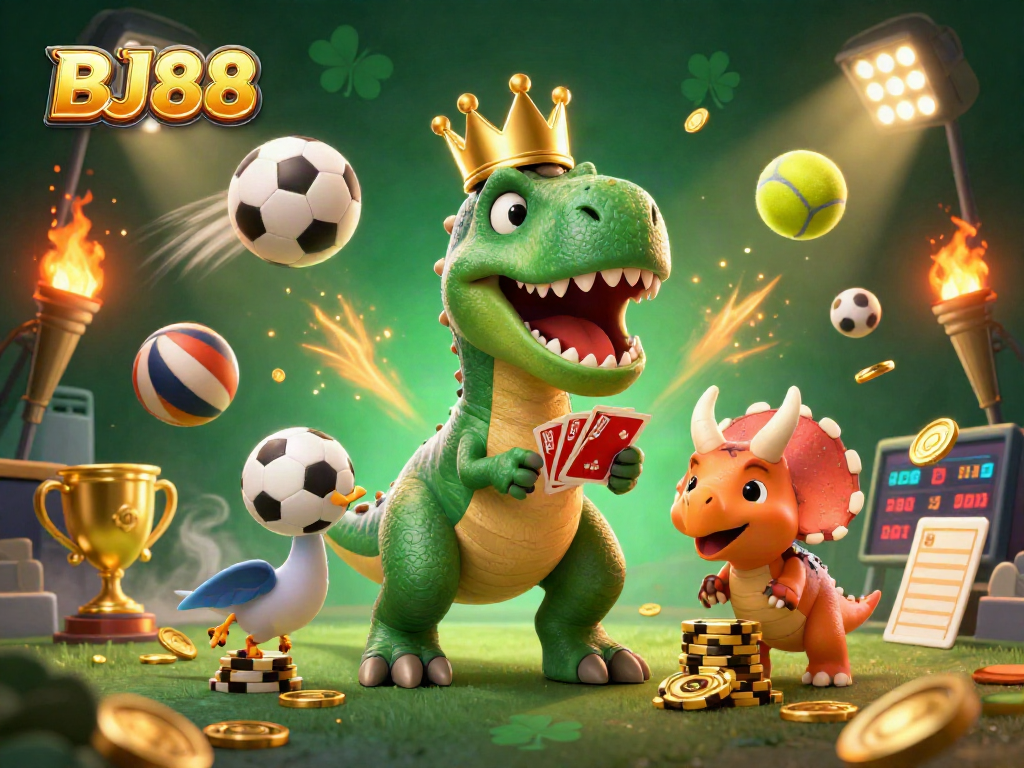 BJ88 features a fun T-Rex card dealer and friends stacking chips while showcasing vibrant casino elements.