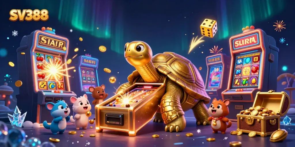 Watch the majestic SV388 tortoise as players enjoy cockfighting in a vibrant, dynamic casino atmosphere.