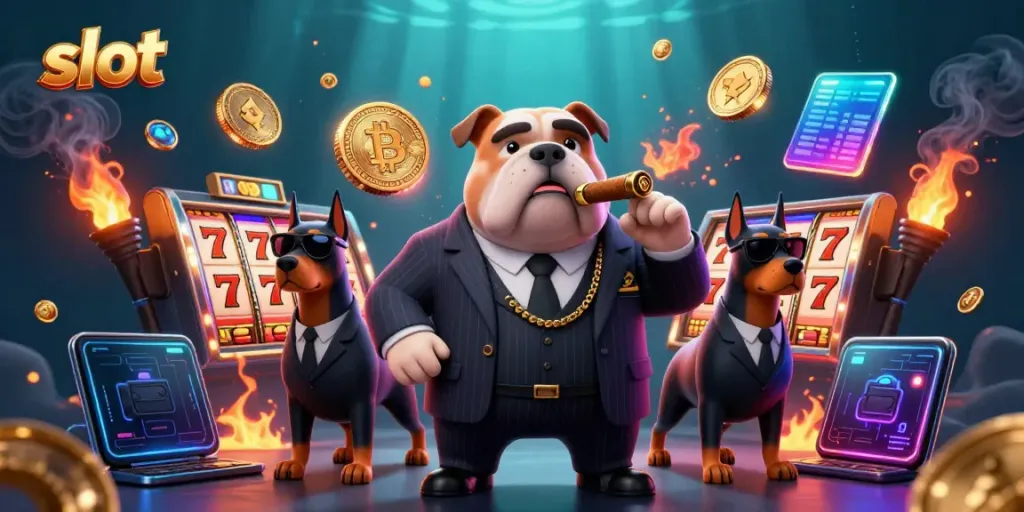 Spin winning slot reels with a mafia boss bulldog overseeing jackpot action.