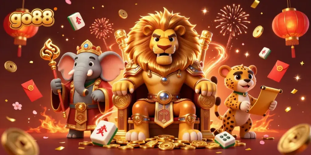 Experience the excitement with go88, featuring a lion king, elephant advisor, and cheetah, amidst vibrant casino elements.