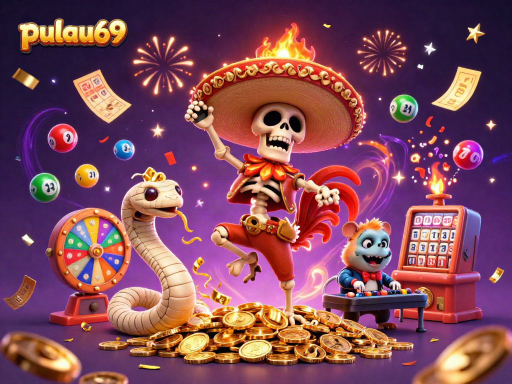 Join the vibrant win at pulau69 with lively characters dancing amidst colorful casino elements.
