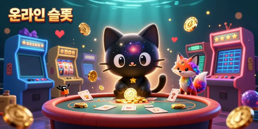 Engaging scene with a black hole cat captivating a cosmic casino with online 슬롯 gameplay.