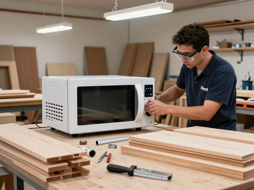Shashel expert using microwave technology for pest control in a wood workshop.