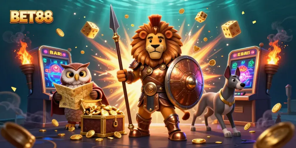 Experience the thrill of BET88 in this vibrant 3D illustration filled with casino excitement and explosive jackpots.