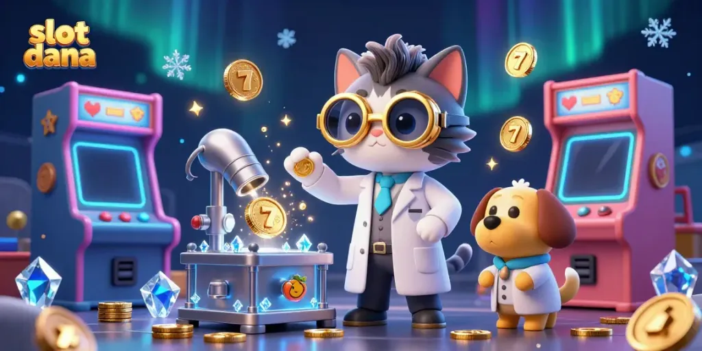 Memainkan slot dana dengan kucing ilmuwan dan anjing asisten dalam adegan kasino yang cerah.