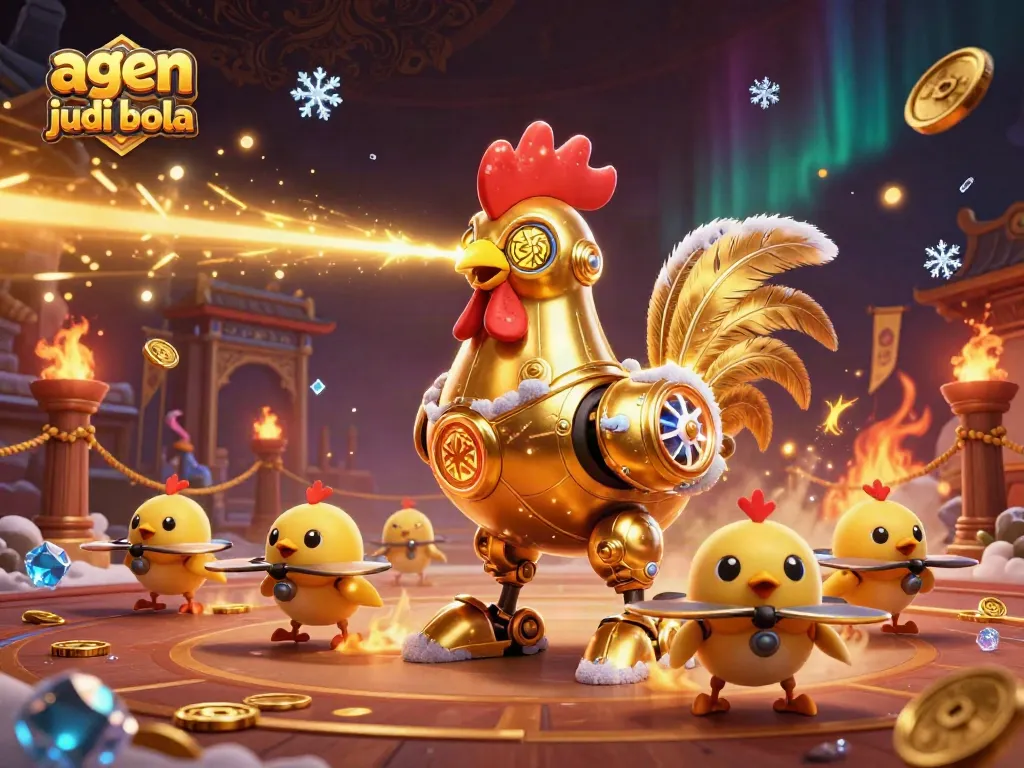 Experience exciting agen judi bola action with a futuristic golden rooster robot and dynamic baby chick drones.